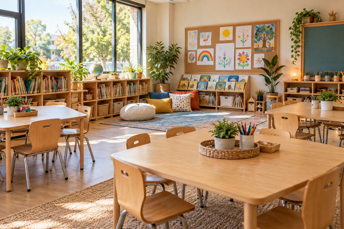 A bright, tidy elementary classroom with tables, bookshelves and a reading corner
