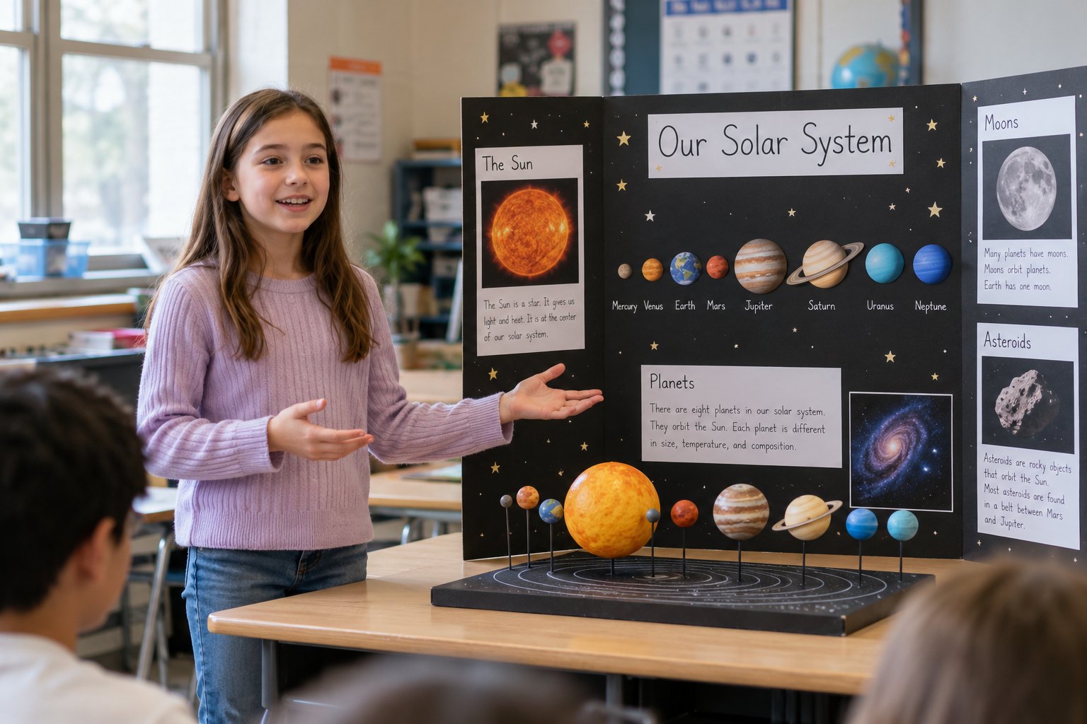 A girl smiling as she presents her solar system project to classmates