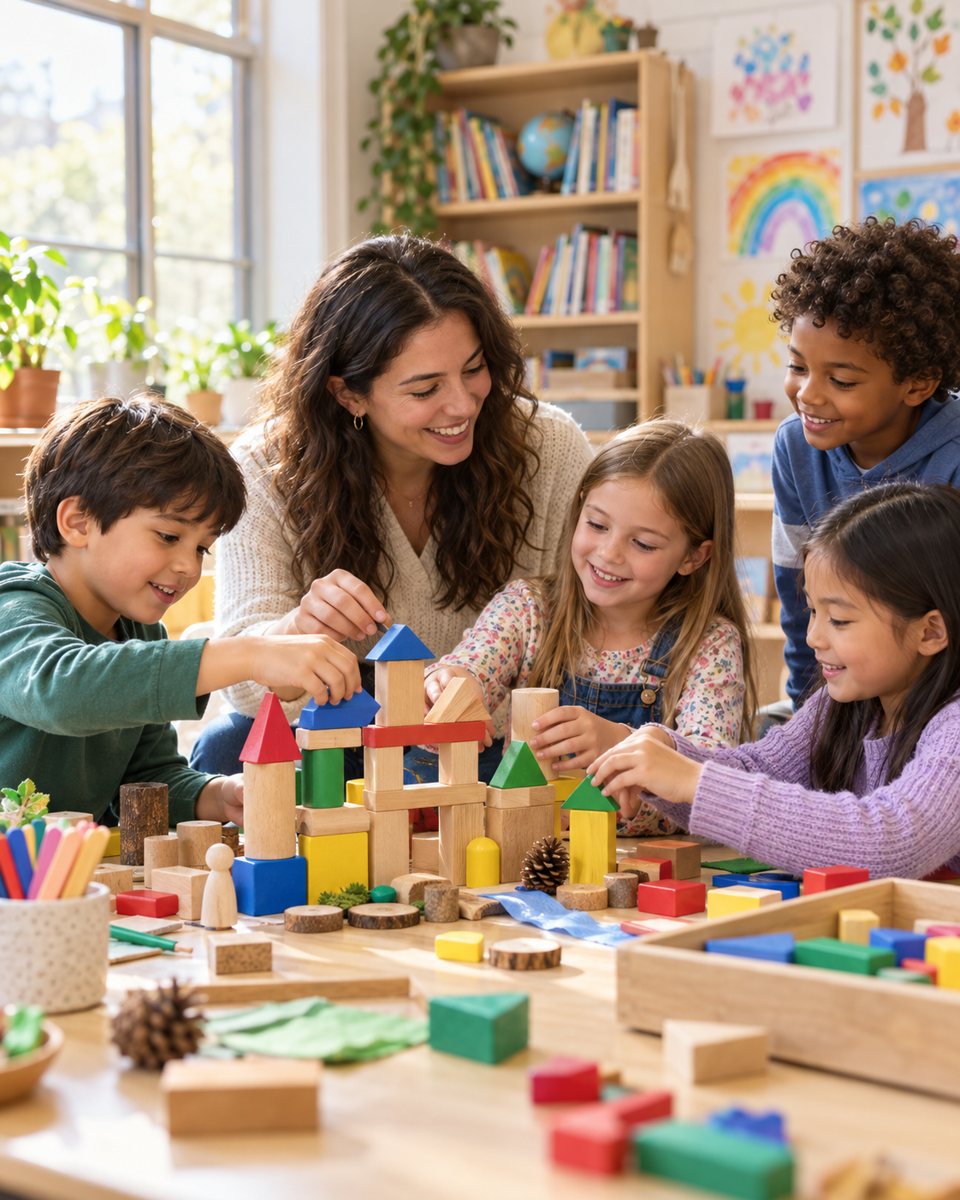 An instructor building with wooden blocks alongside a small group of kids