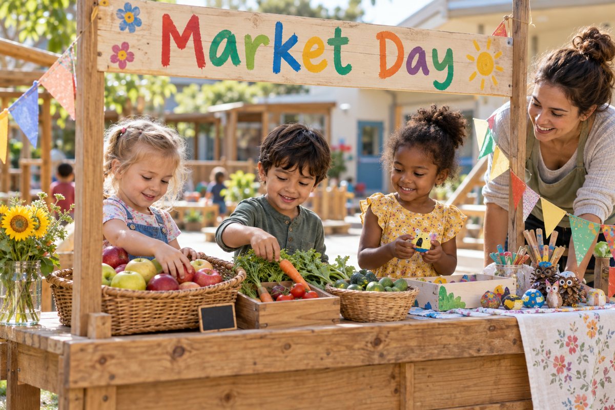 Kids running a Market Day stand with fruit, vegetables and crafts
