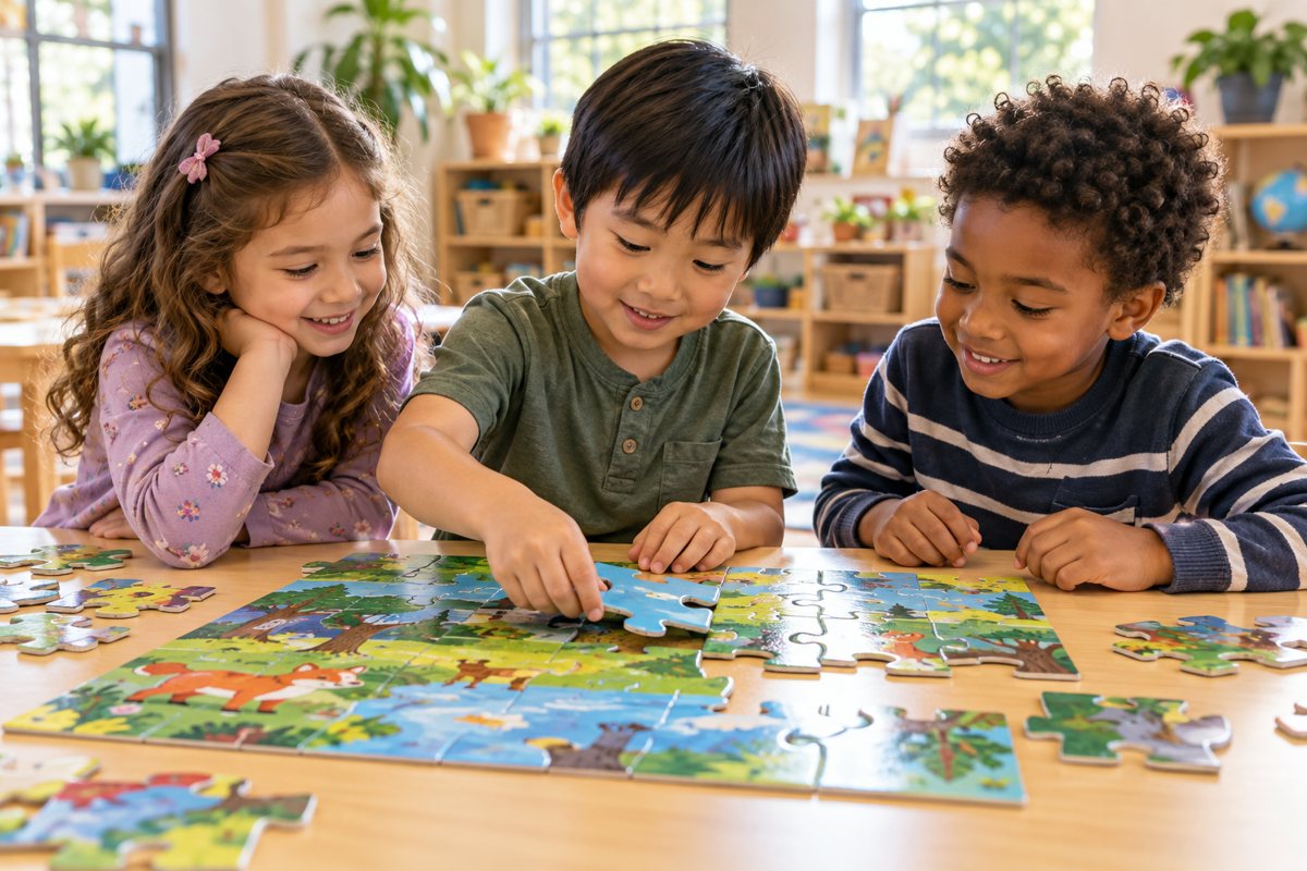 Three kids working together on a jigsaw puzzle