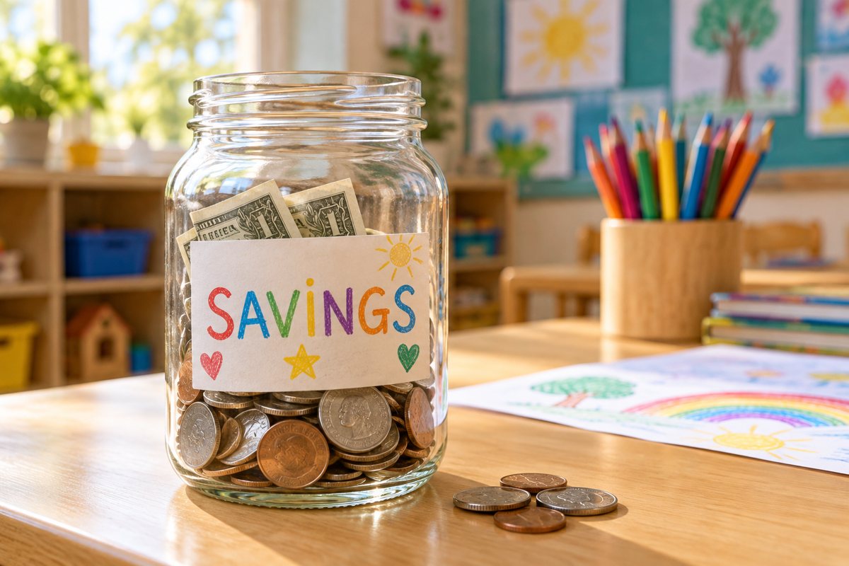 A savings jar of coins and bills on a classroom table