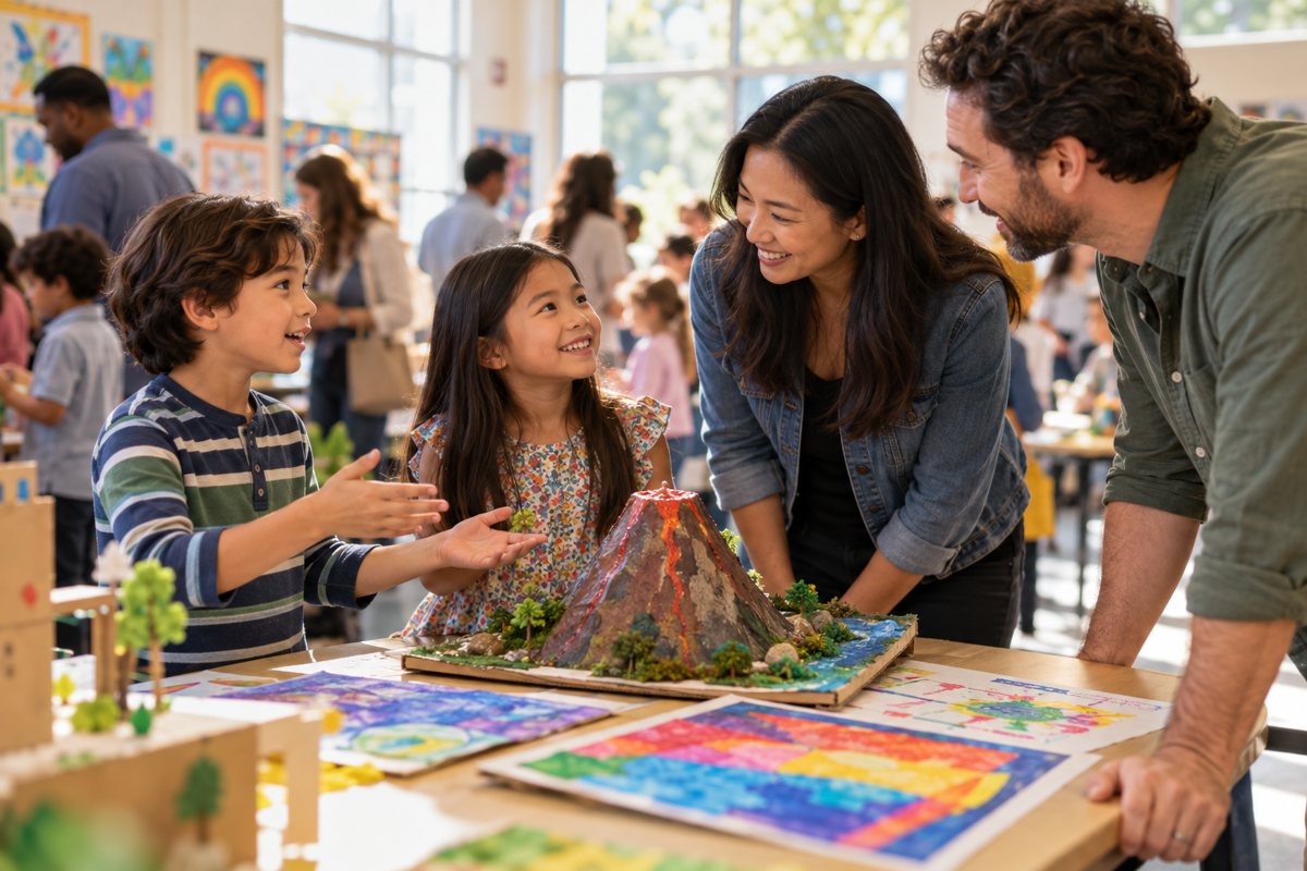 Two kids showing their volcano project to smiling parents at a showcase