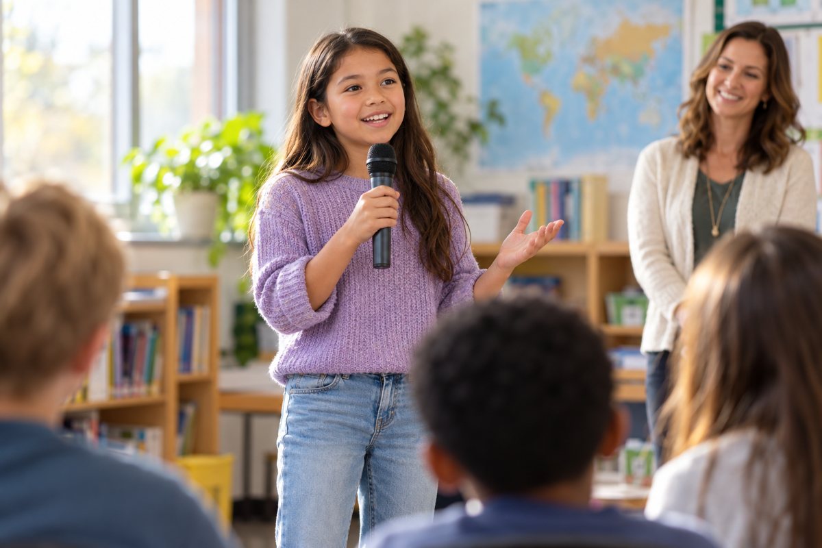 A girl speaking into a microphone in front of her class