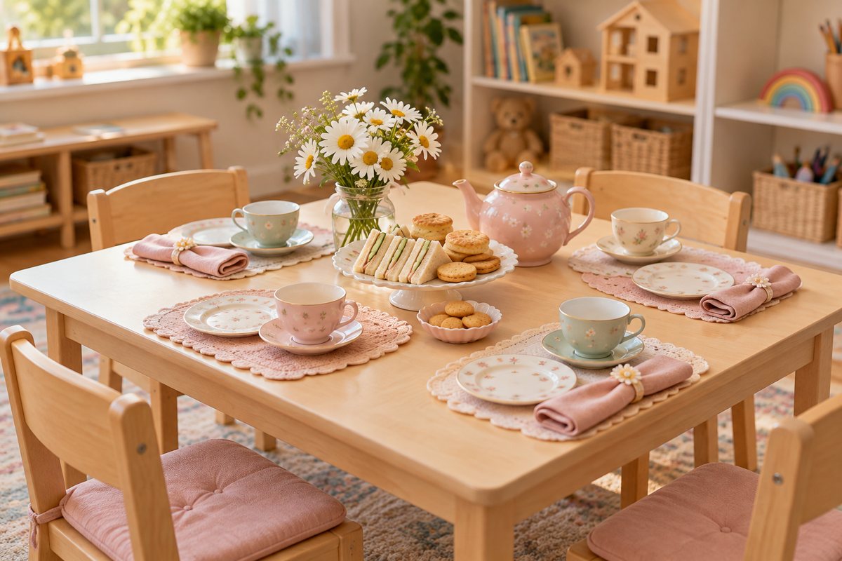 A child-sized table set for a tea party with teacups, sandwiches and daisies